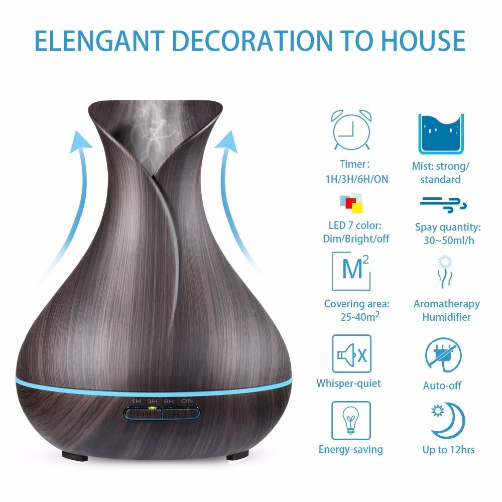 Vase Shape Essential Oil Diffuser 500ML Air Humidifier Wood Grain 7 Color LED Light Ultrasonic Cool Mist Maker Aroma Diffuser
