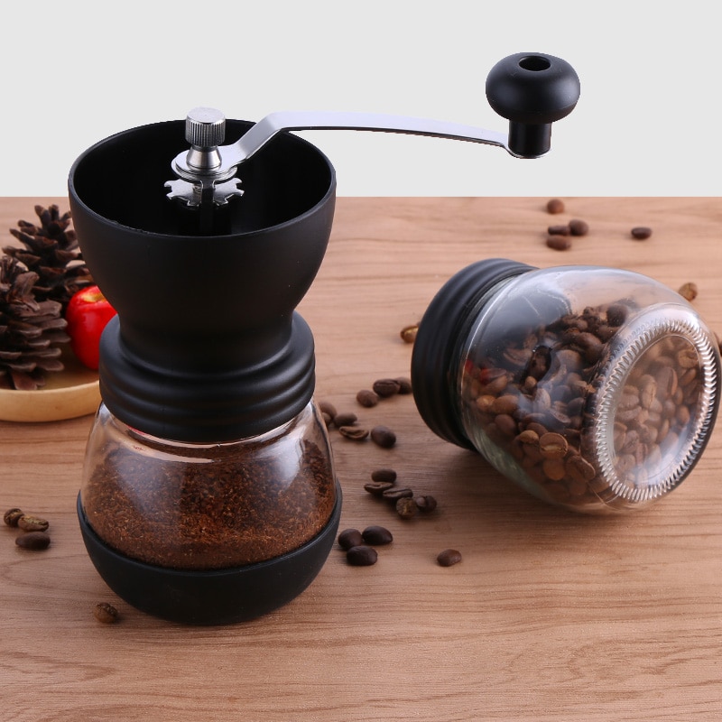 Moulin à grains de café manuel en céramique avec pot de stockage en verre fortifié