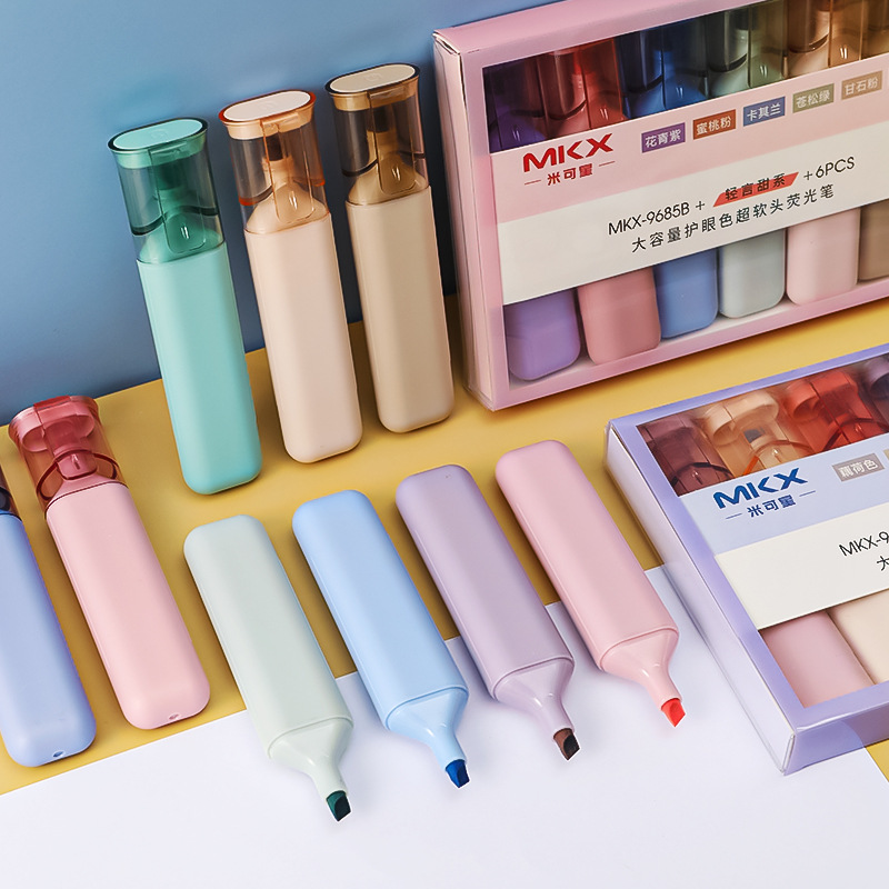 Stylos de papeterie Kawaii, 6 pièces, surligneur, sous-brayadores Fluorescentes, pour étudiants, grandes étiquettes de peinture, tête souple, fournitures de bureau
