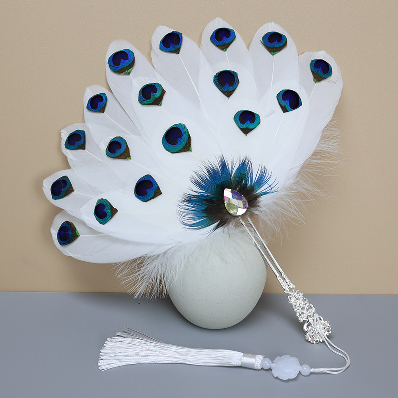 Beautiful Handmade Feather Fan Cheongsam Stage Performance Photography Props Wedding Dance Party Handheld Fan Decoration: DEEP BLUE