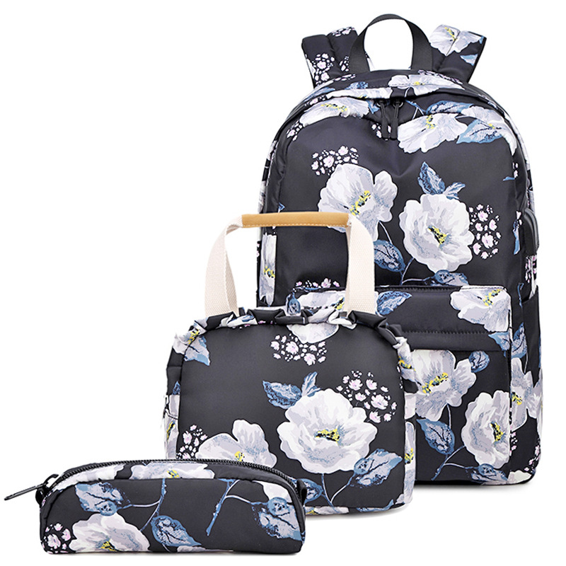 Tieners School Rugzak Set Meisjes Vrouwen Schooltassen Lichtgewicht Waterdichte Nylon Reizen Bloemen Kids Bookbags Casual Dagrugzak: K526 Black 1 Set