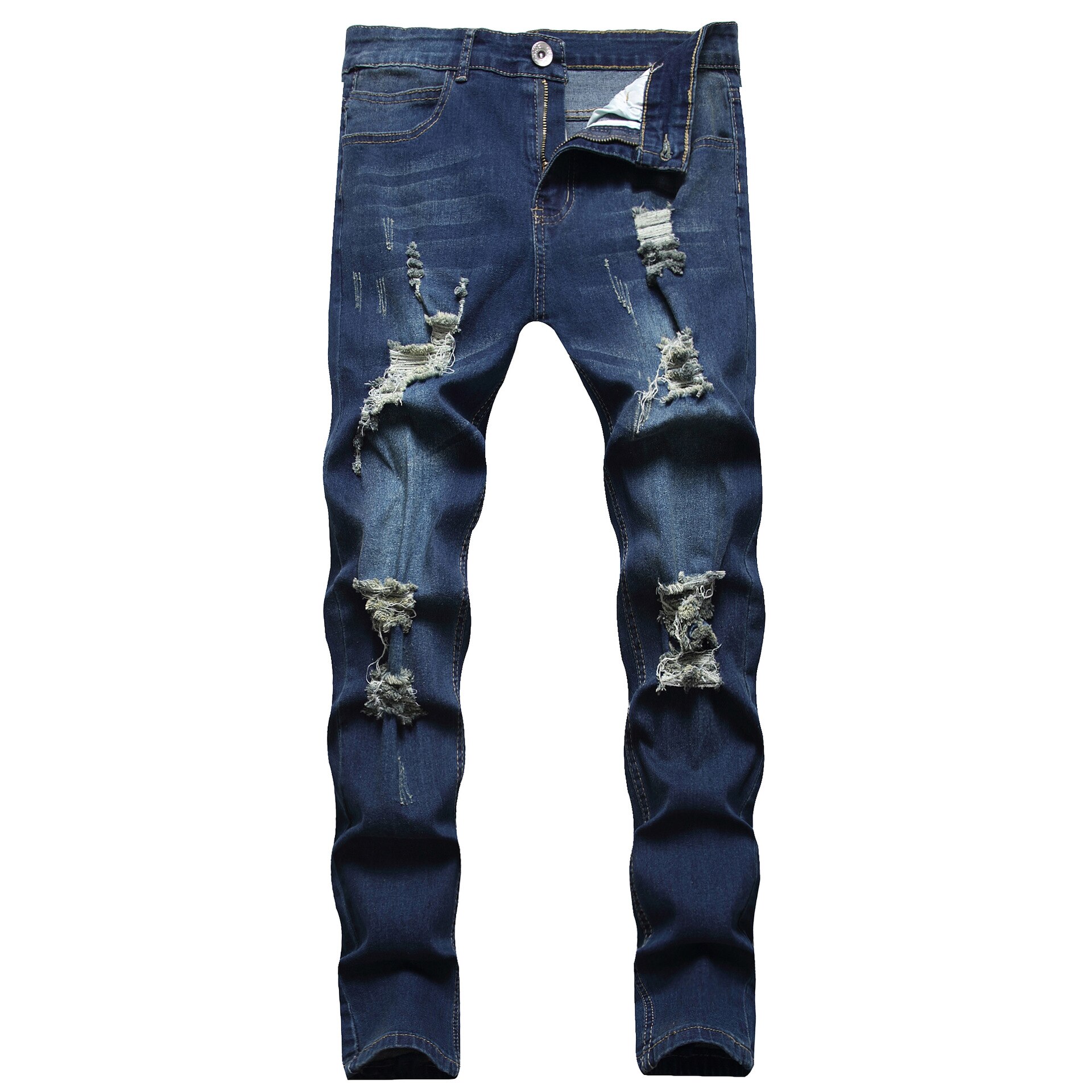 Y2k Mannen Jeans Casual Jeans, effen Kleur Lange Broek Met Gebroken Gaten Slim Kleine Voeten Mannen Ripped Broek