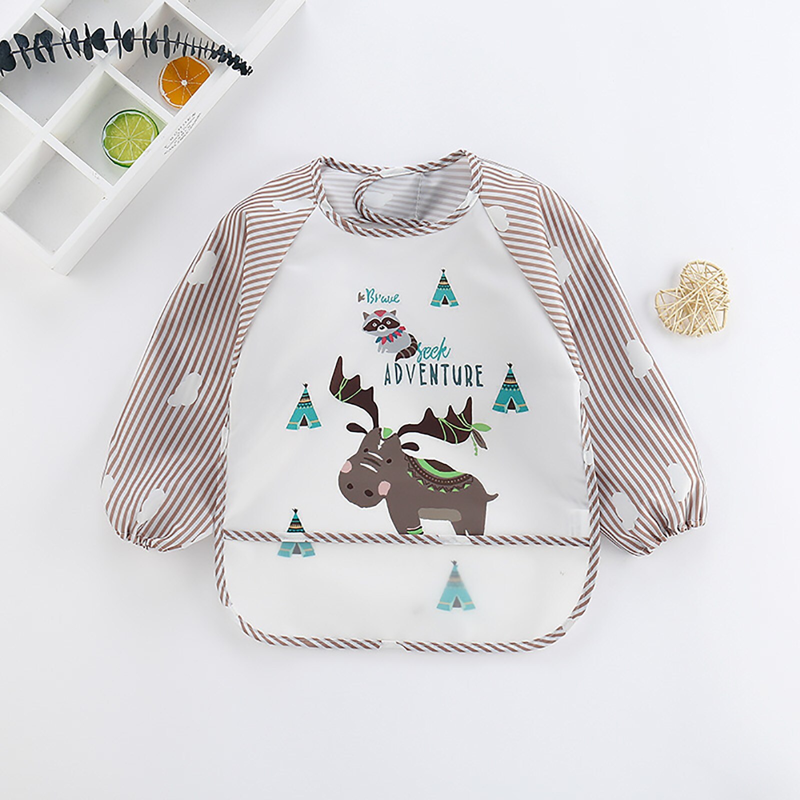 3Pc Baby Waterdichte Lange Mouwen Gestreept Anti-Dragen Cartoon Bib Omgekeerde Gown Peuter Voeden Schort Bavoir Baberos 6-36 Maanden