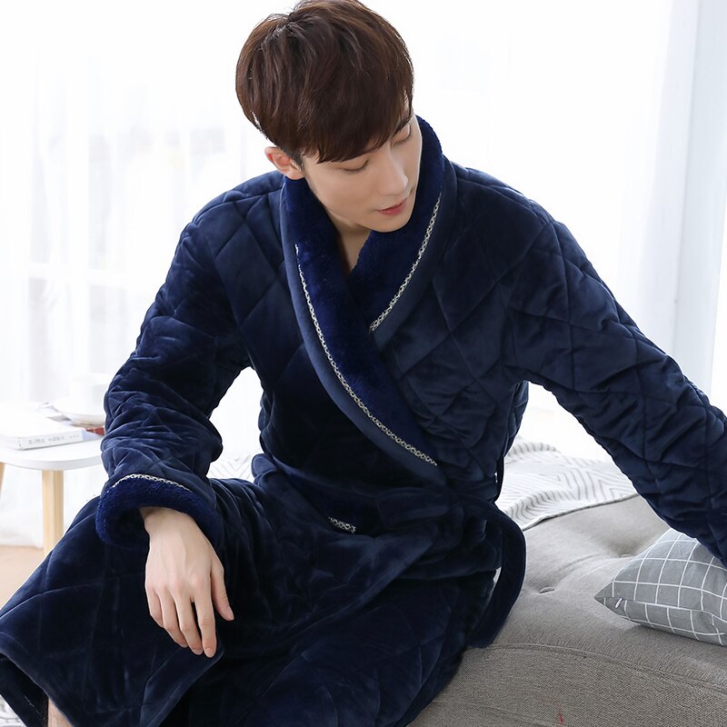 Inverno longo robe para o sexo masculino três camadas acolchoado roupão grosso flanela sleepwear plus size xxxl quimono roupões de banho dos homens salão quente