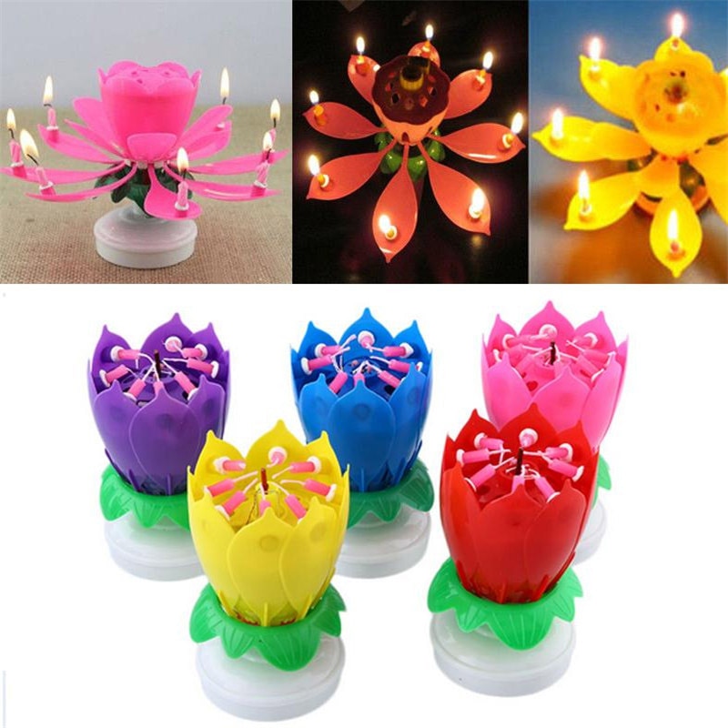 Innovative Party Cake Candle Romantic Happy Birthday Musical Lotus Flower Rotating Candle Musical Candle DIY Cake Decoration
