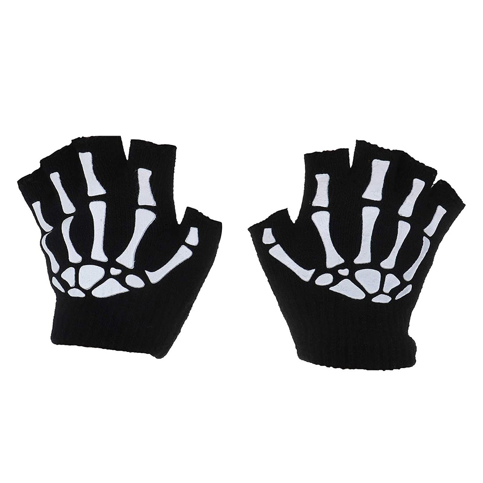 Print Gloves Pairs Kids Skeleton Warm Glow in The Dark Fingerless Knitted Gloves Mitten Half finger child gloves guantes: Black A