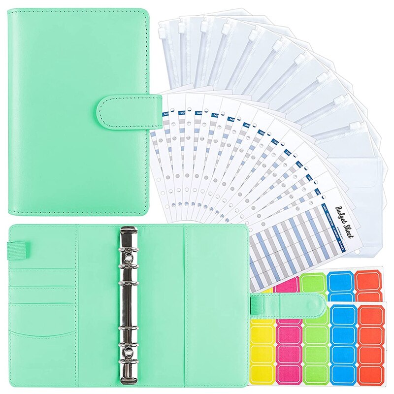 A6 Pu Lederen Bindmiddel Cover Met Bindmiddel Zakken, Kosten Budget Lakens En Labels Voor Budget Organizer Enveloppen: Sky Blue