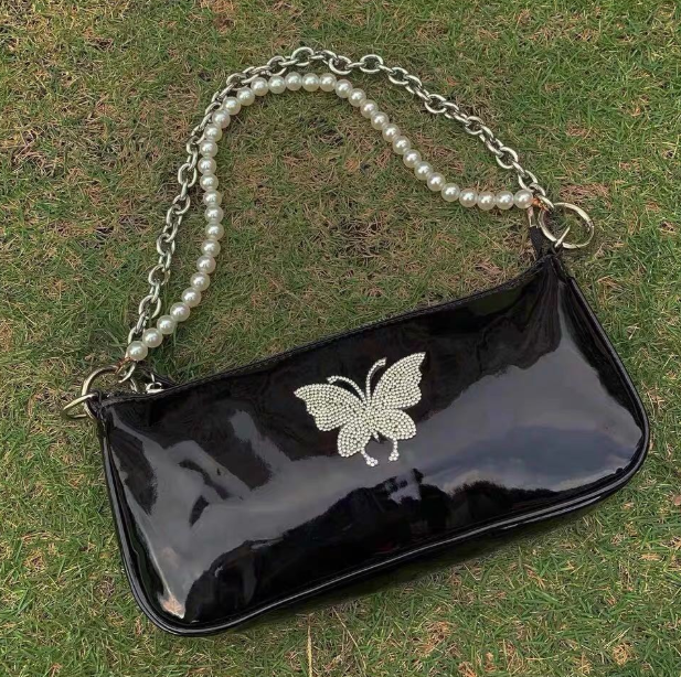 women's bag pearl patent small zipper girl messenger shoulder bag chain baguette female vintage cute bag klii35923