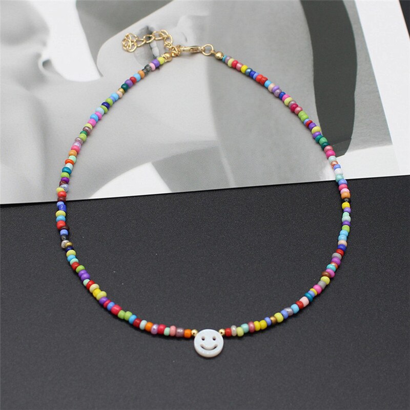 Natural Freshwater Shell Round White Smiley Rainbow Beaded Choker Necklace For Women Chain Jewelry Accessories