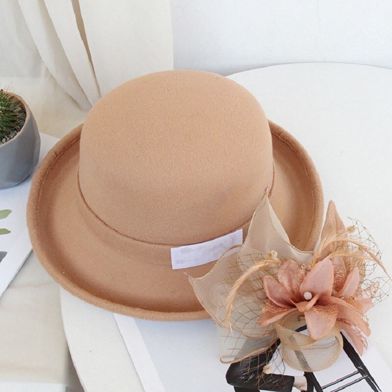 Sombrero de lana con flores para mujer, gorro cálido de ala ancha, , para , decoración, otoño e invierno,