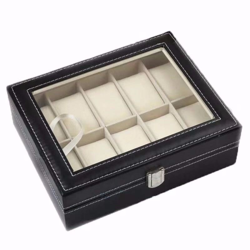 DELESYS-Vitrine de montre en cuir PU avec dessus en verre, boîte de rangement pour bijoux, style classique, 2 emplacements, 3 emplacements, 4 emplacements, 5 emplacements, 6 emplacements, 8 emplacements, 10 emplacement