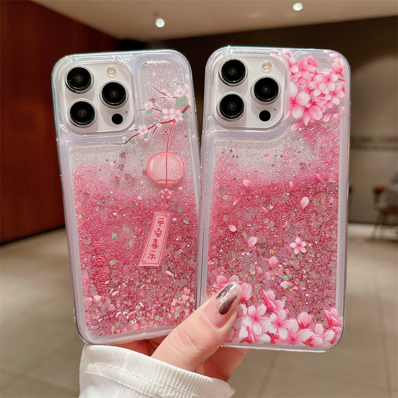 Ferskenblomst glitter kvikksanddeksel til iphone 16 15 14 13 pro max 16 pro mykt beskyttende dynamisk flytende mobiltelefondeksel