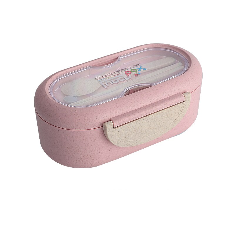 Lunch Box Microwave Leakproof Wheat Straw Office Dinnerware Food Storage Container Children Kids School Portable Bento Box Bag: Pink