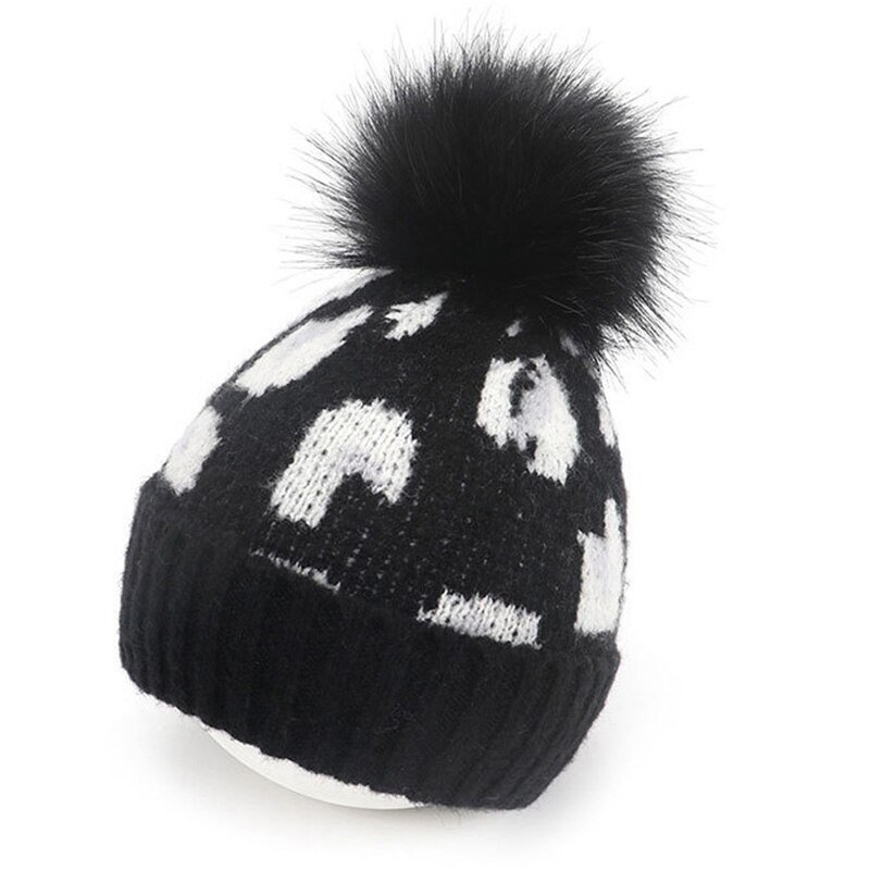 Pompom baby hatt leopard tryckt barn flicka pojke höst vinter mössa mössa mjuk stickad varma barn småbarn mössor keps