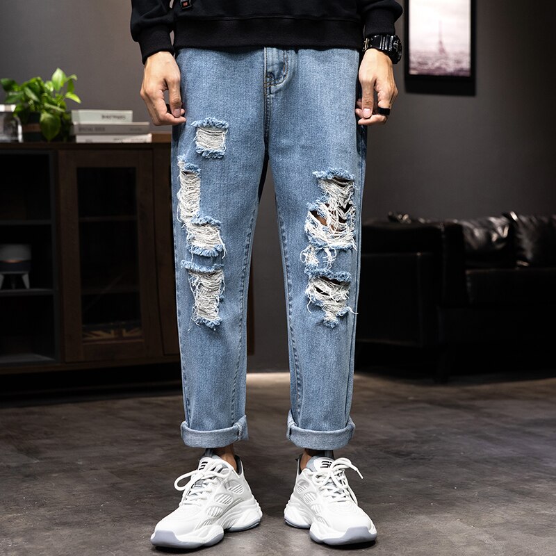Pantalones vaqueros rasgados para hombre, pantalón de pierna ancha, corte recto, corte holgado, azul, desgastado, Agujero roto, ropa de calle, estilo Punk, longitud hasta el tobillo