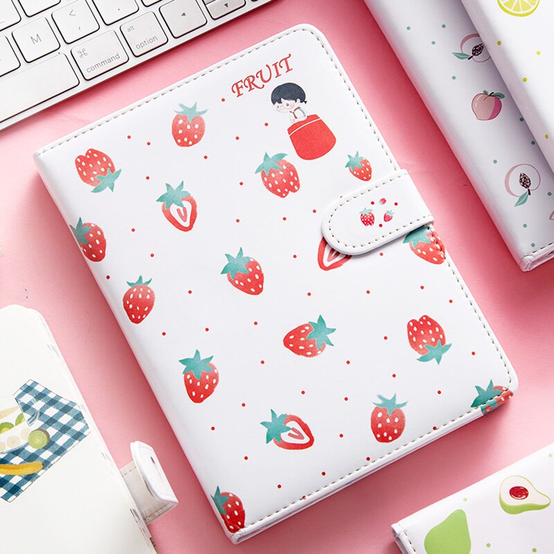 Bloc de notas estampado con forma de fruta, planificador con hebilla magnética, cuaderno de PU, Agenda anual, ilustración de Color, planificación diaria, papelería Kawaii