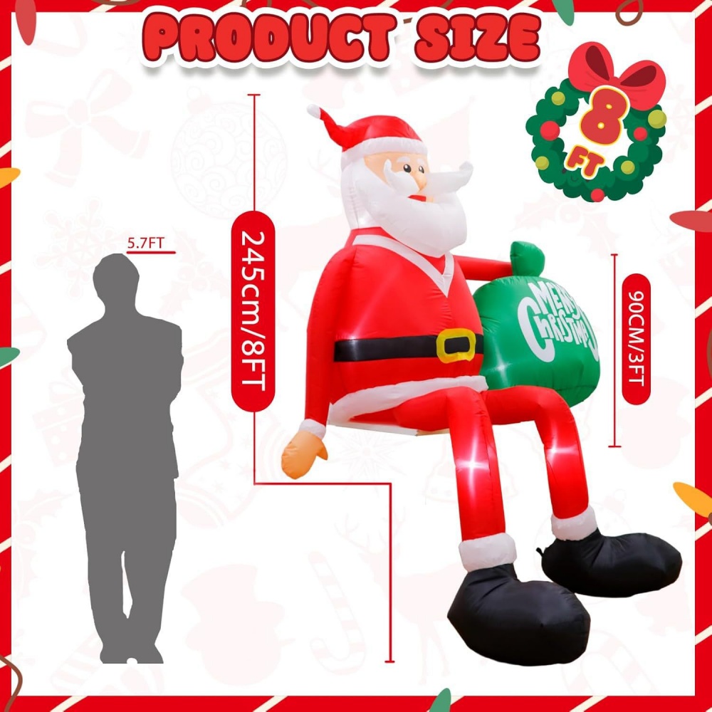 8FT Christmas Inflatable Sitting Santa Holding Bags Outdoor Decoration Rooftop Balcony Garden Party Christmas Decor: L / Red