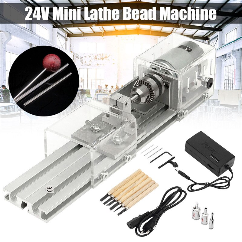DC 24V 80W Mini Lathe Table Saw Polisher Cutting Machine Woodworking DIY Lathe Set With Power Adapter 3 Pcs Beads Round Device