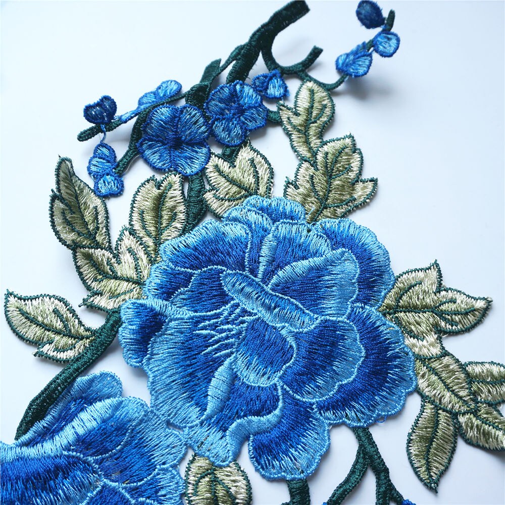 2 STUKS Blauw Pioen Bloemen Bladeren Borduren Stof Applicaties Sew Patches Trimmings Voor Avondjurk DIY Bruiloft Decoratie