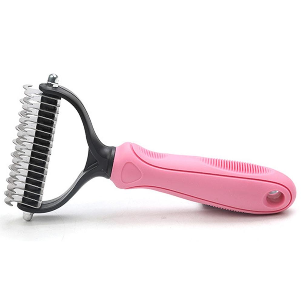 Cepillo cortador de pelo de doble cara para mascotas, herramienta de aseo para gatos y perros, peine de rastrillo de hoja de Metal para depilación de cachorros y gatitos: pink / L