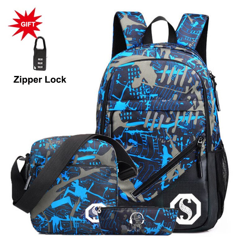 Large Capacity School Bag Set Schoolbags for Teenagers Girls Boys Student Travel Book Bag Kids Mochila for: blue set