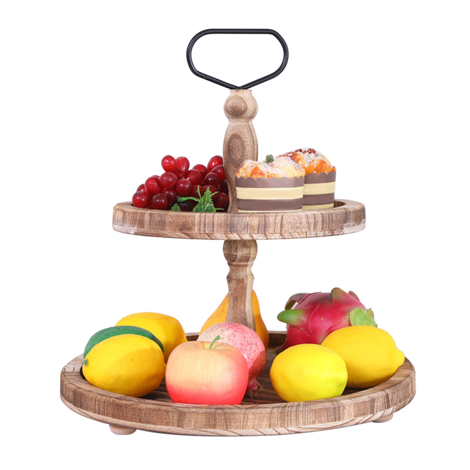 Home Countertop Two Tier Tray Decorative Organizer Breakfast Wood With Handle For Kitchen Store Fruit Snacks Cupcakes Easy Clean