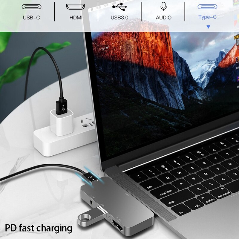 4 in 1 USB Hub Typ-C Docking Station HD 4K HDMI USB + PD Lade Hub