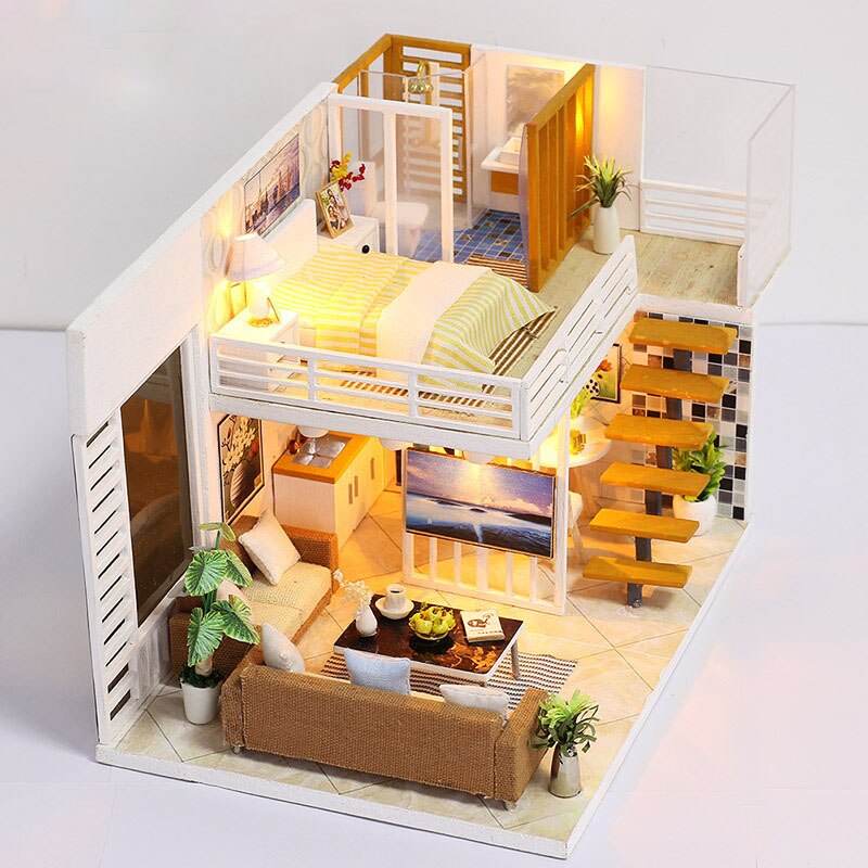 Kreative 3D Süße Mini Doppel Eintrag Haus DIY Luxus Küche Wohnzimmer Schlafzimmer Schlecht Mit Lichter Puppe Haus Handgemachtes