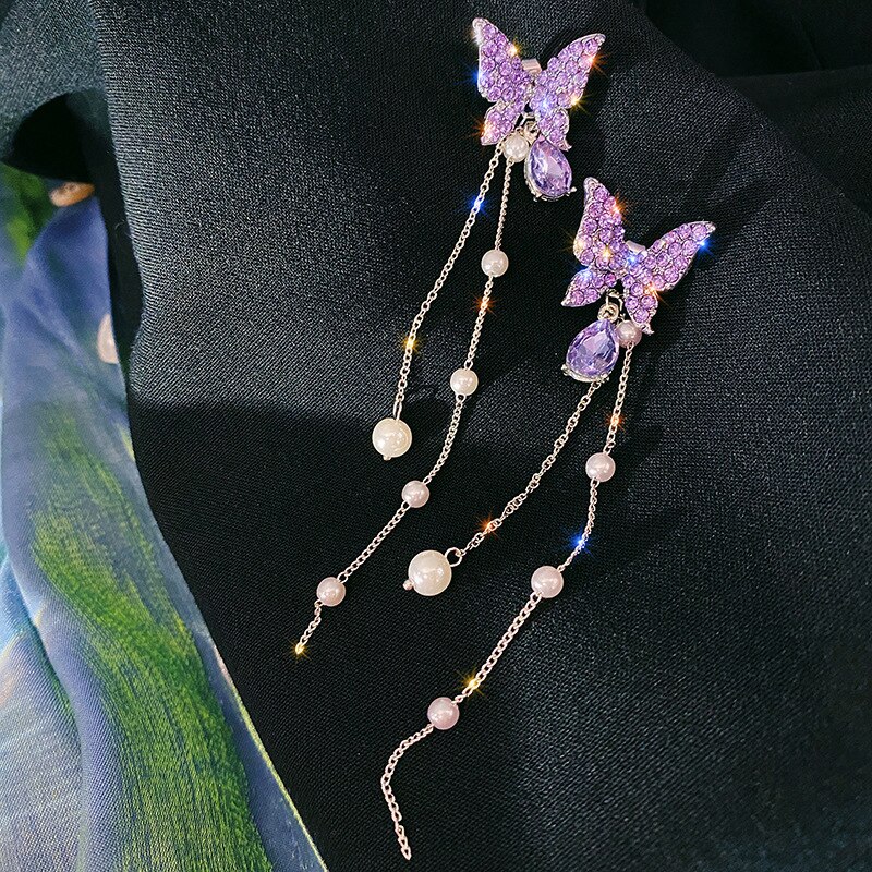 Boucles d'oreilles papillon en cristal violet pour femmes, Imitation perle, chaîne avec pampilles en strass, bijoux , nouvelle coréenne