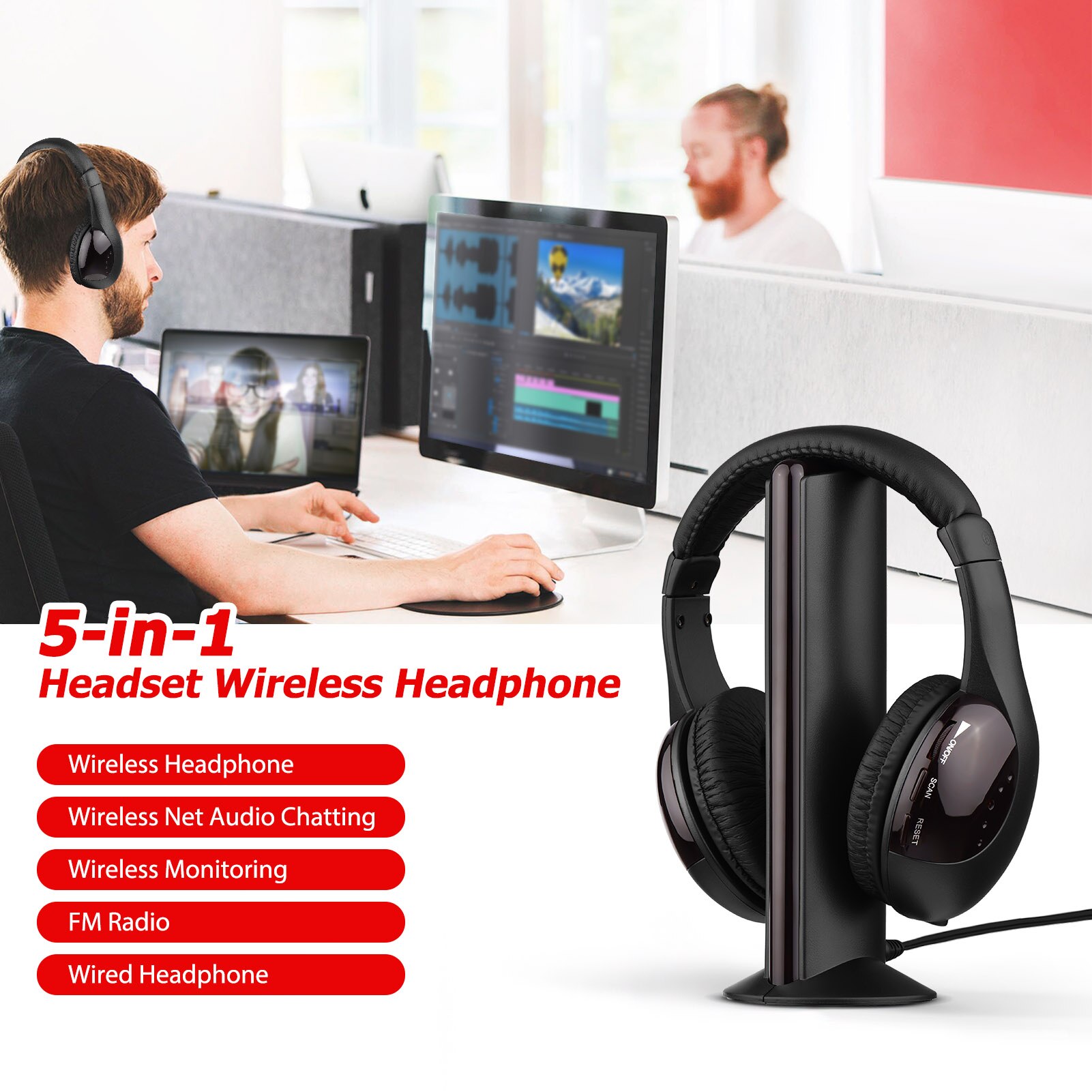 5-in-1 Multifunctional Wireless Headset FM Hi-Fi Wireless Headphone Emitter Receiver Set FM Radio Computer TV Monitor Headphone