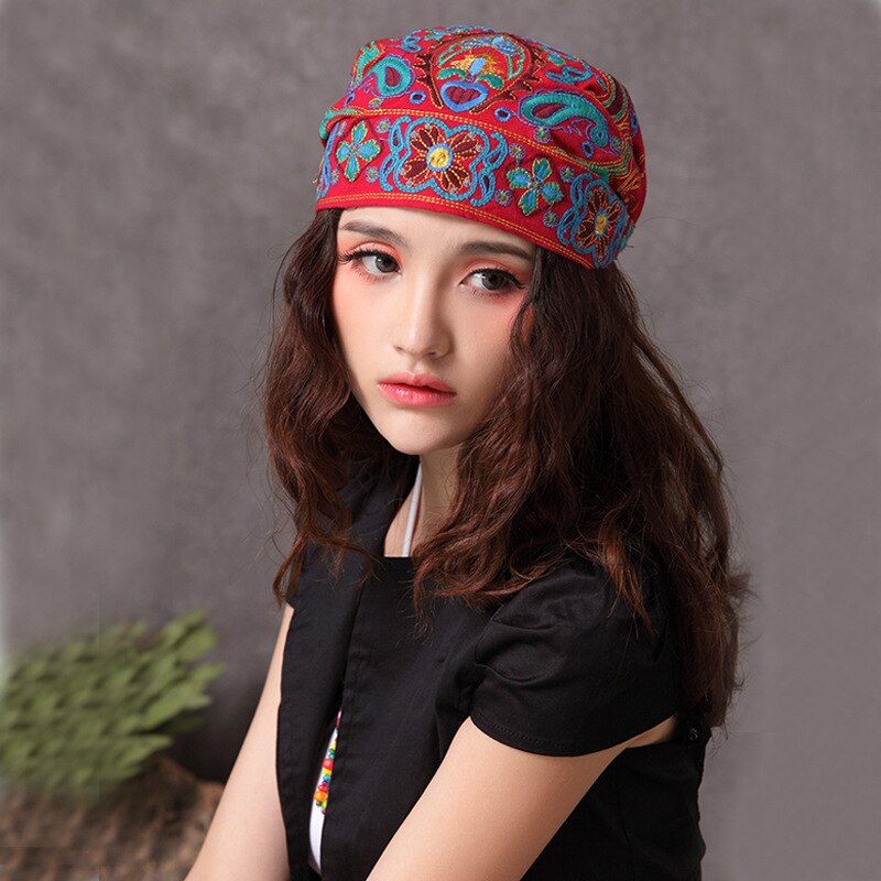Chapeaux pour femmes, Style mexicain ethnique Vintage, fleurs brodées, Bandanas imprimés rouges, bonnets