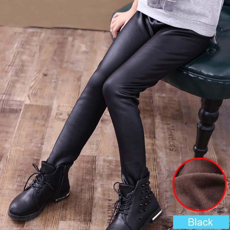 Imitert skinn vinter jenter leggings barn tykk fløyel legging baby barn bukser solid slank pjokk jente klær: Svart / 3t