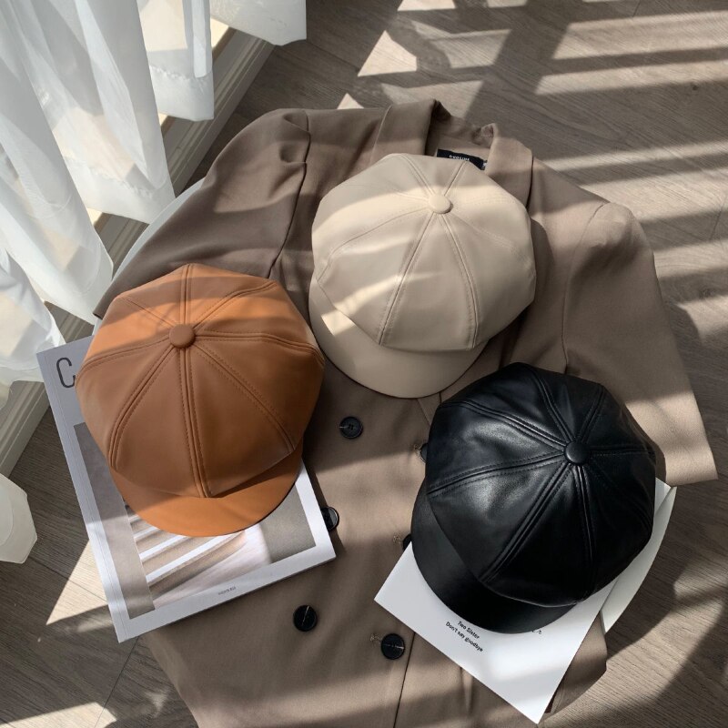 PU Leather Beret Hat Solid Female Autumn Winter Korean Student Wild Round British Style Octagonal Hats Pumpkin Cap