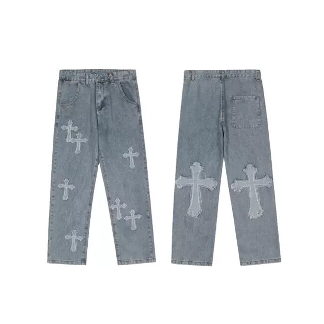 Men Wide-leg Pants Loose Lightning Print Tie Dye Denim Jeans Hip-hop Streetwear Rock Punk Casual Jeans Trousers: S