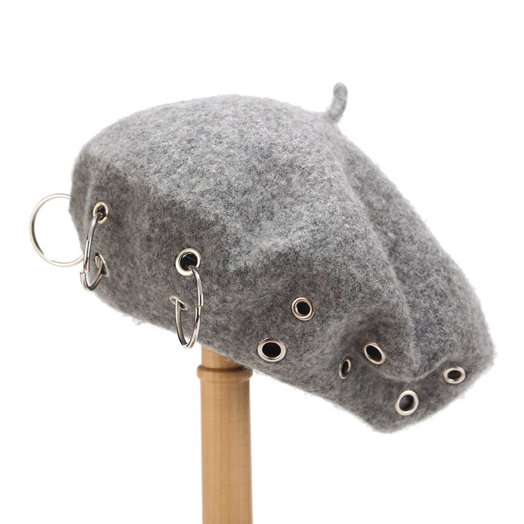 Ijzeren Ringen Harajuku Baretten Vrouwen Mooie Vintage Punk Rock Stijl Ijzeren Ringen Baret Caps Retro Wol Hoeden Wollen Schilder Baret # PP2: Gray 