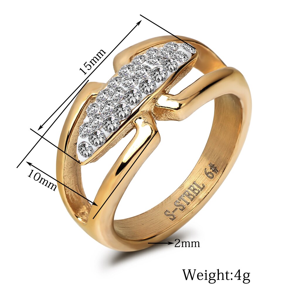 Anel de dedo de aço inoxidável de alta qualidade da cor do ouro com anel de noivado cristal jóias de casamento para as mulheres anel anel