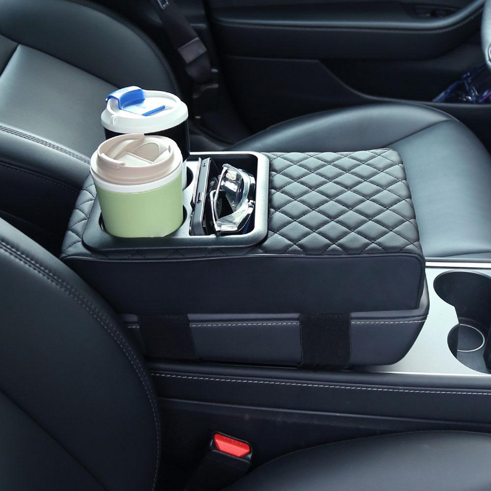 Car Center Console Armrest Cushion With Cup Holder PU Leather ABS Armrest Pad Portable Car Amrest Pillow Cover Height Pad
