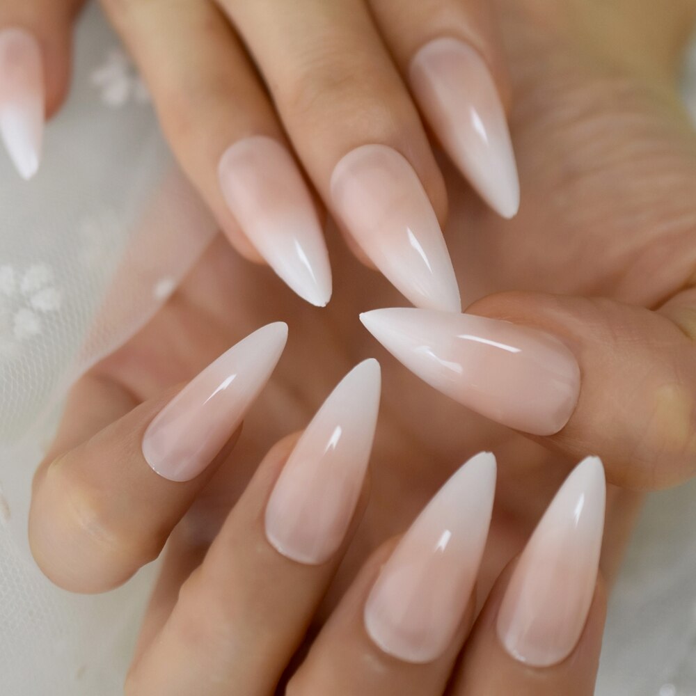 Ekstremt spiss faux ongles hvit ombre naken fransk spiker tips lang stiletto abs gel negler sett 24 ct
