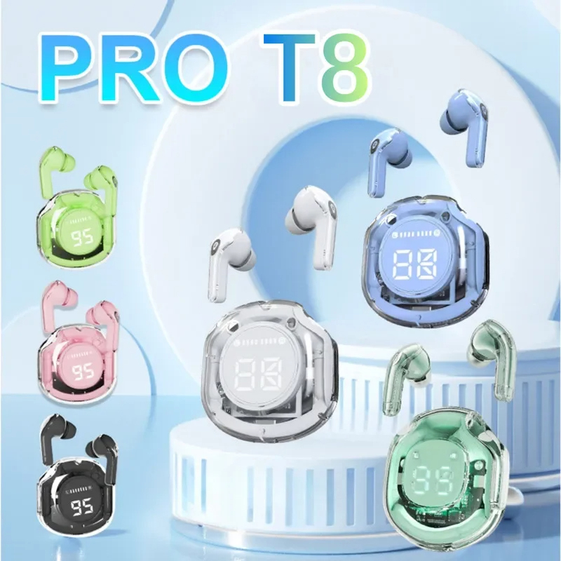 TWS T8 Wireless Bluetooth Earphone Noise Canceling HiFi Stereo Sport Headphone with LED Digital Display Transparent Charging Box