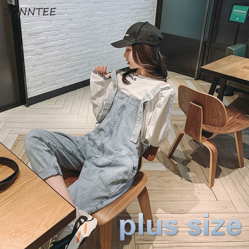 Jumpsuits kvinder lige koreansk stil plus størrelse denim ankellang all-match streetwear dame komfortabel lomme bf
