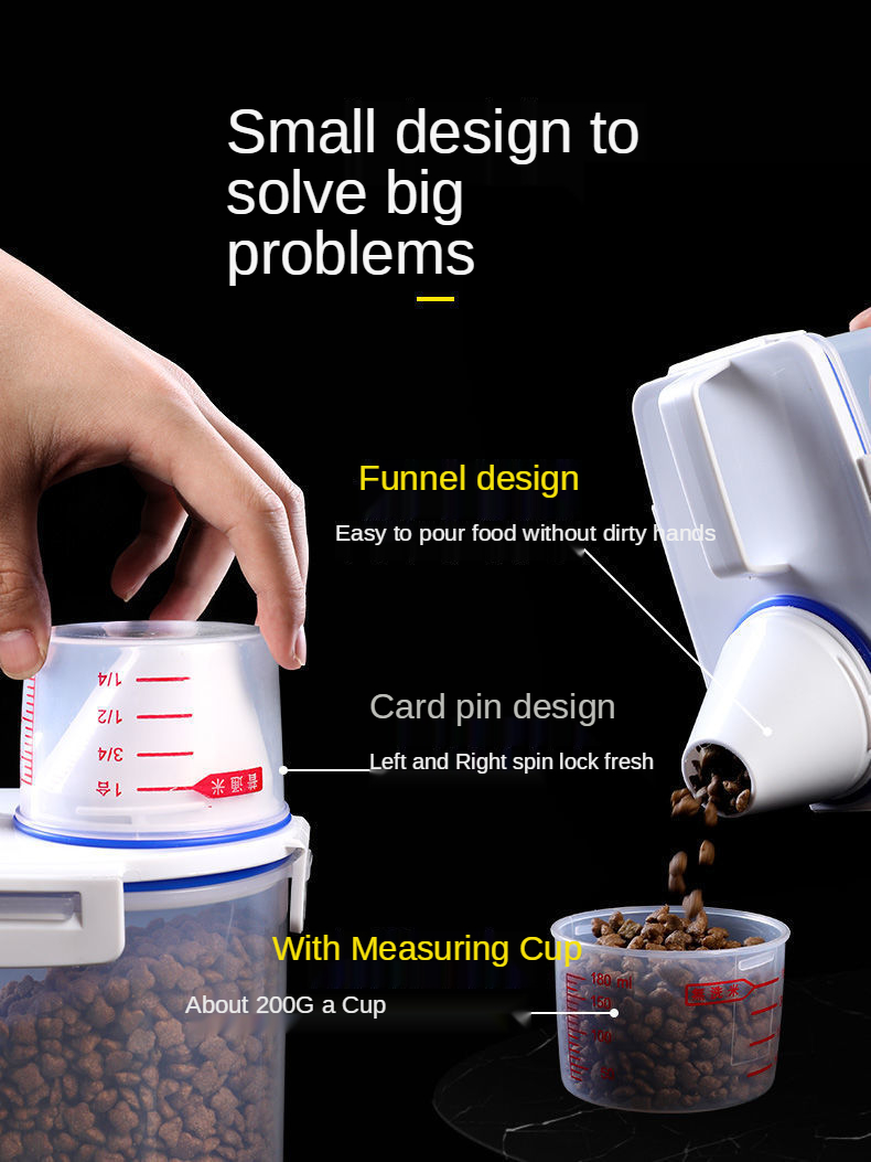 Dyremad spand katte- og hundefoderbeholder fugttæt forseglet krukke 2kg hundefoderspand plastopbevaringstank med målebæger