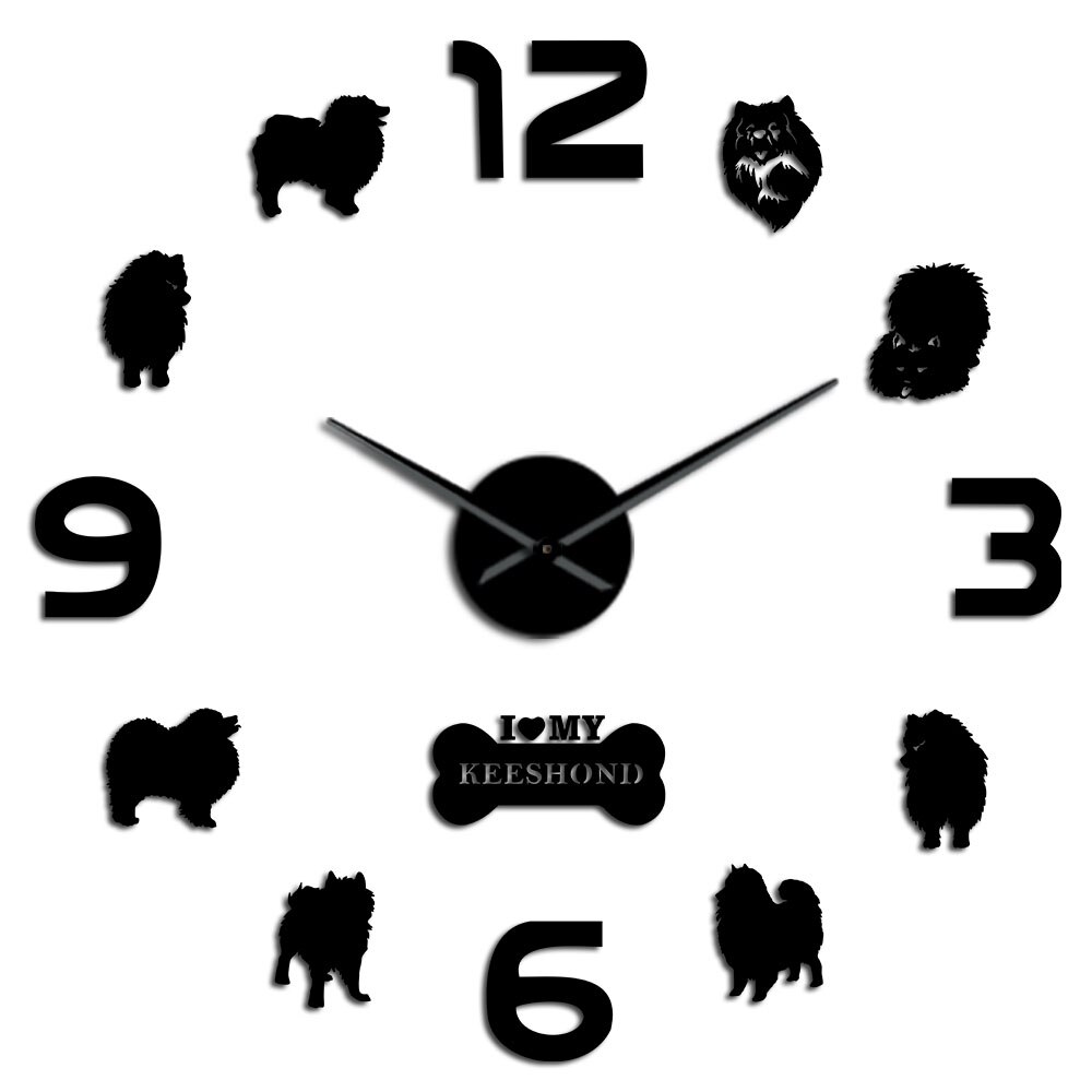 Keeshond-Reloj de pared grande para hombre, reloj de pared grande 3D con de perro barcaza holandesa, sonriente, alemán, Spitz, Deutscher, Wolfspitz, Kees: Black / 27inch