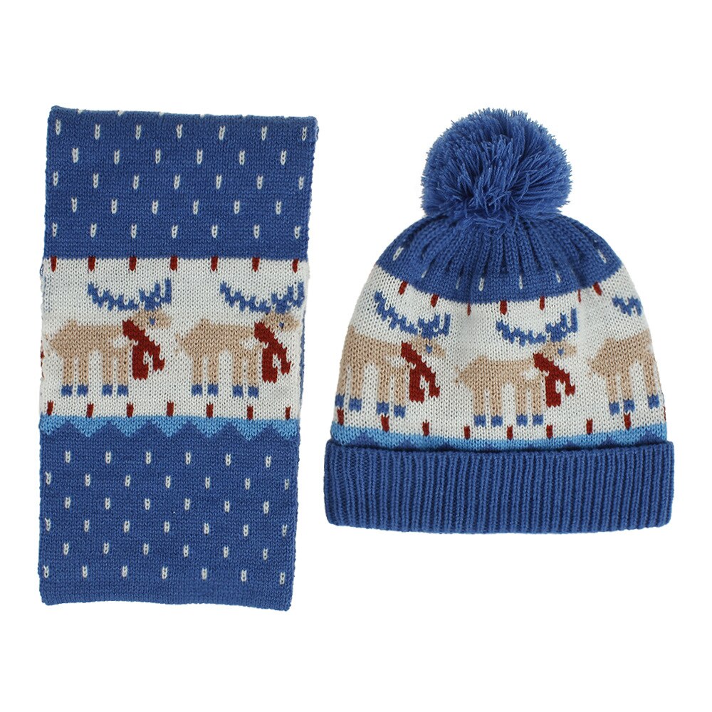 Europa amerika herfst winter baby kerstmis cartoon patroon warm jongens meisjes kindermuts en sjaal 2pc sets: Blauw