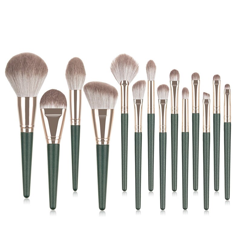 Set van 14 make-upkwasten, foundation met hoge wolvezels, poeder, blush, oogschaduw en lipblend, houten make-upkwastenset: Groente
