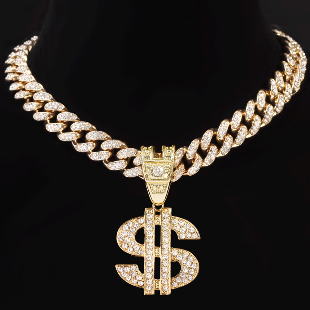 Men Women Hip Hop Big Dollar Pendant Necklace 13mm Miami Cuban Link Choker Chain Necklaces Bling Bling Charm Statement Jewellery