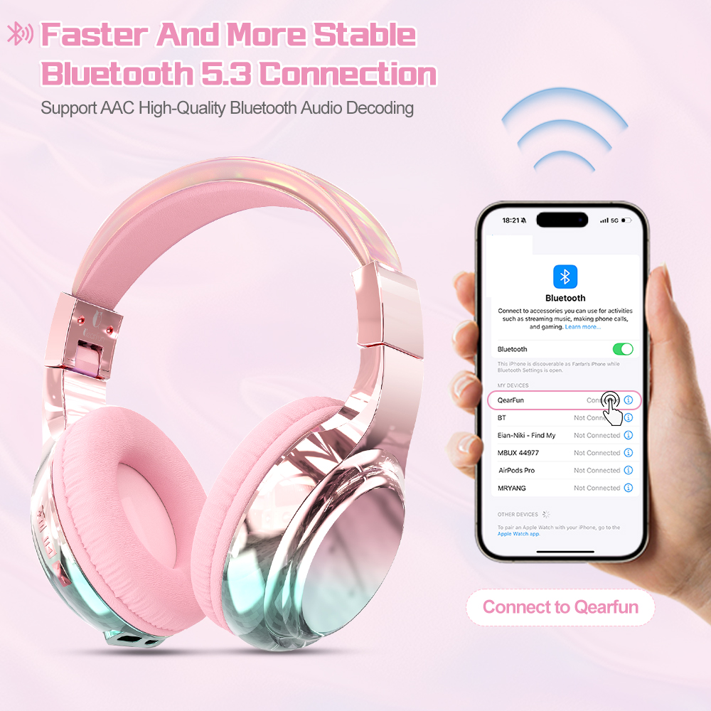 60H Bluetooth Headphones Portable Wireless Headphones With MIC Gaming Headset for Phone/iPad/PC Girls Pink