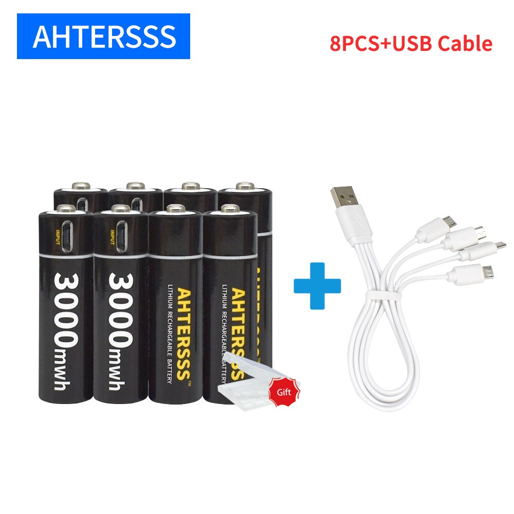 1.5v AA rechargeable battery USB aa lithium battery 2A 3000mwh smart usb charging: 8PCS and USB