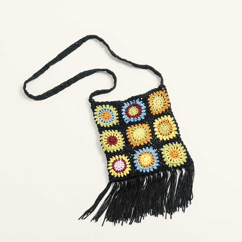 Mabula handgewebte baumwoll-Mini-umhängetaschen für mädchen, gestrickte blumenquasten, stylische schultertasche, kleine handytaschen für damen