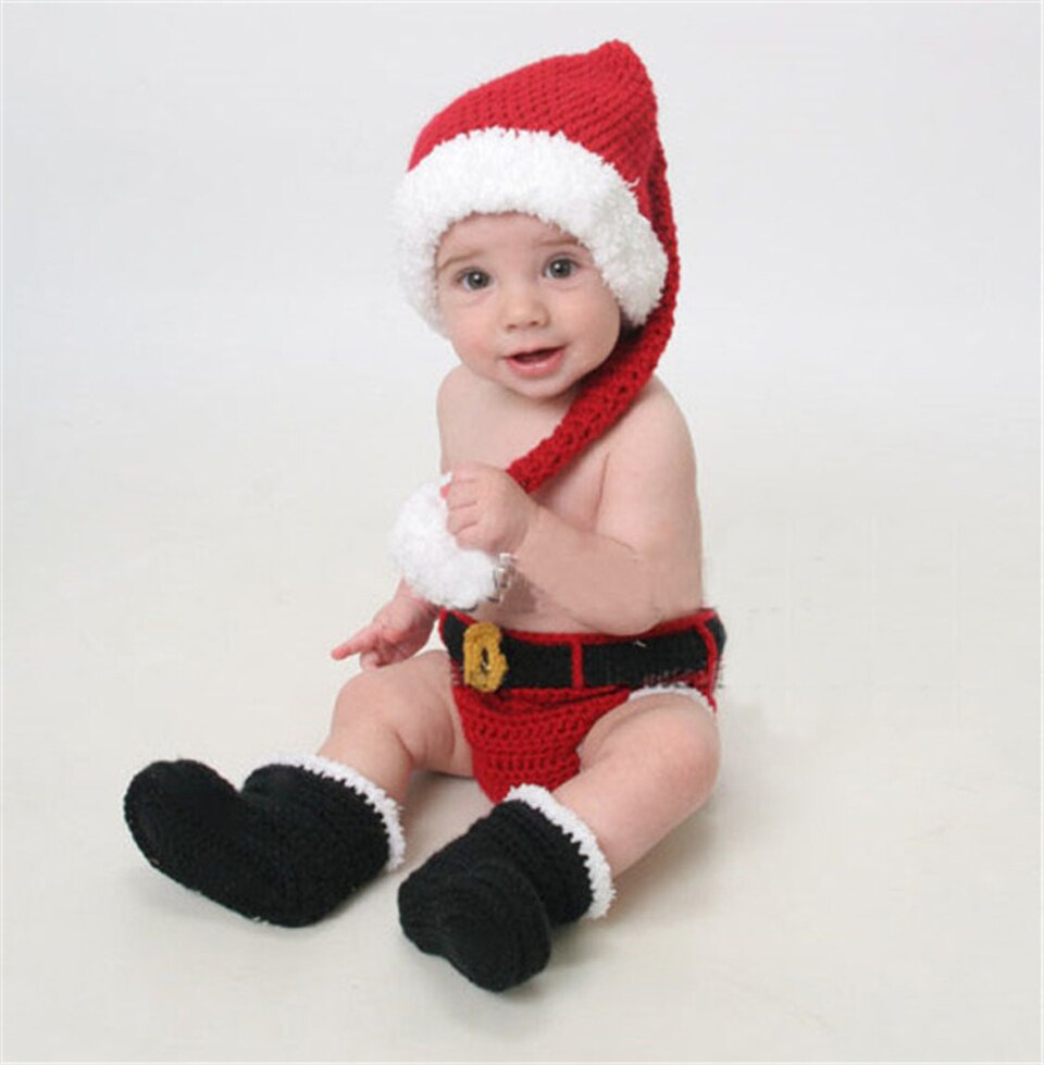 Moeble Pasgeboren BABY Haak Kerstman Fotografie Props Santa Drie Delige Set voor baby&#39;s Gebreide Zuigelingsjongen Foto Props