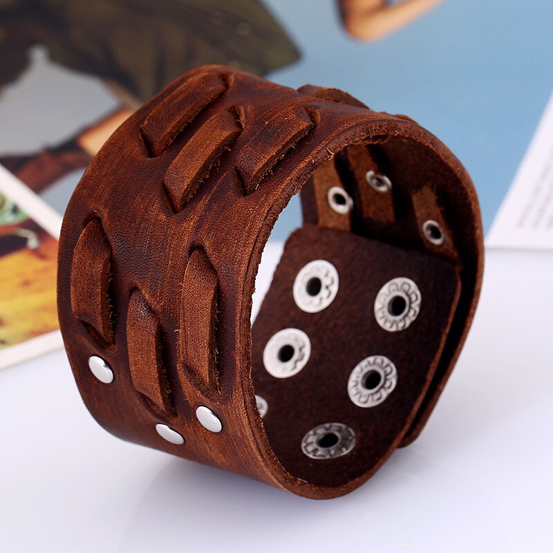 Vintage Wide Bracelet Men's Bracelets and Bangles Retro Brown Handmade Woven Adjustable Size 24cm Wrap Bracelet Wristband